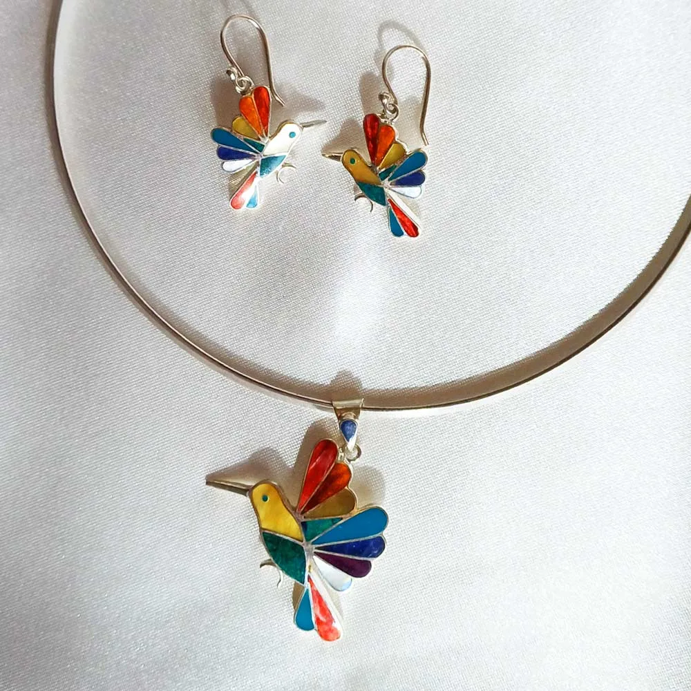 Hummingbird Chrysocolla Rainbow Set of pendant and earrings